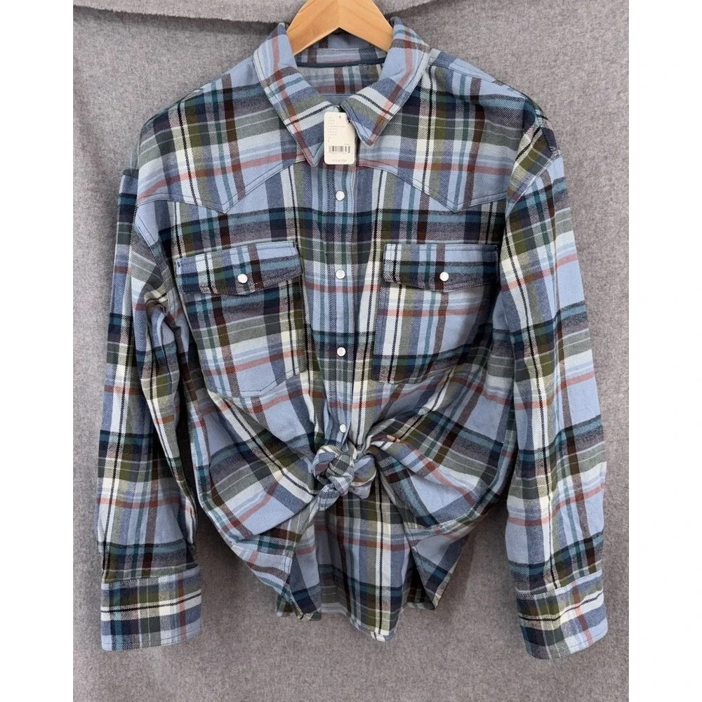New Free People We The Free Hideaway Plaid Shirt Pearl Snap Blue Large Boho